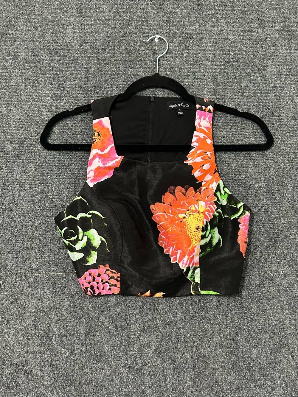 Sequin Hearts Black Floral Crop Top with Orange & Pink Blooms